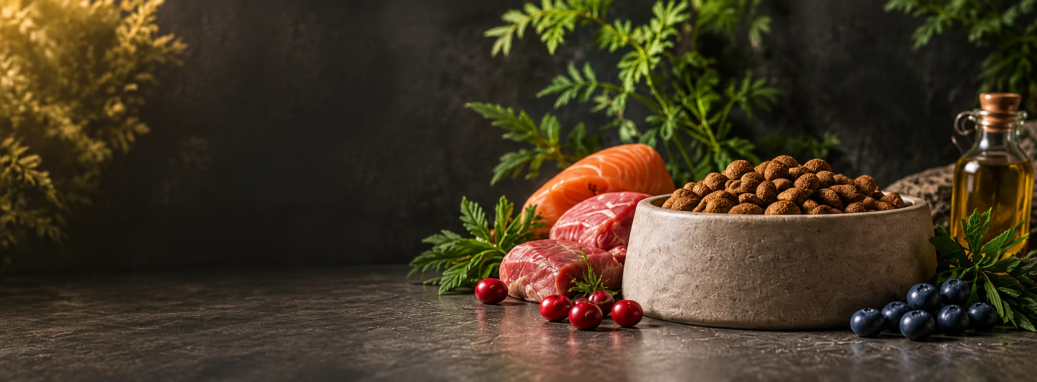 Каменная миска с сухим кормом на тёмном столе, рядом лосось, мясо, клюква, голубика и зелень