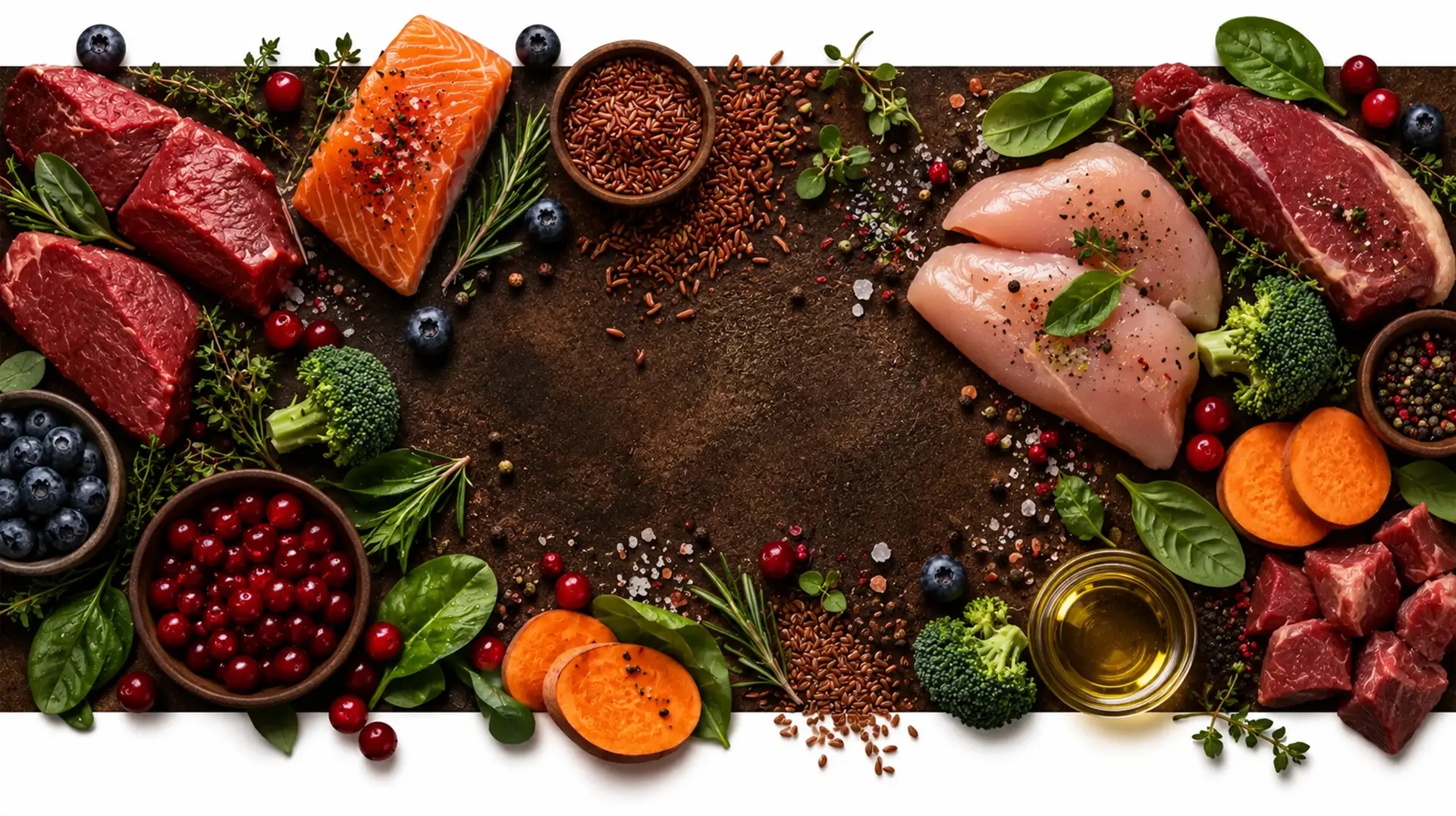 Натуральные ингредиенты кормов Grandorf: мясо, белая рыба, брокколи, шпинат, ягоды и бурый рис